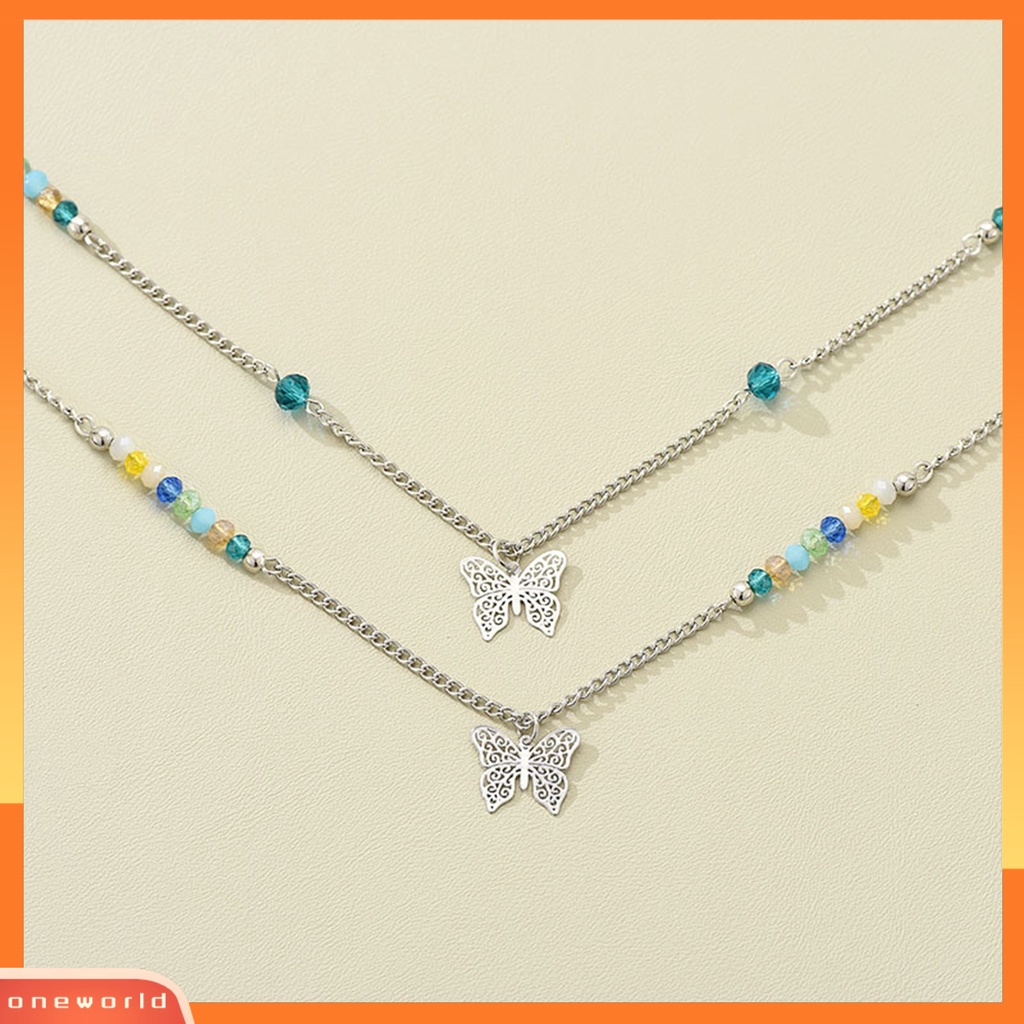 [EONE] Wanita Kalung Double Layer Beads Bright Luster Elegan All-match Dekorasi Hadiah Kupu-Kupu Liontin Kalung Sweater Rantai Perhiasan Untuk Pakaian Sehari-Hari