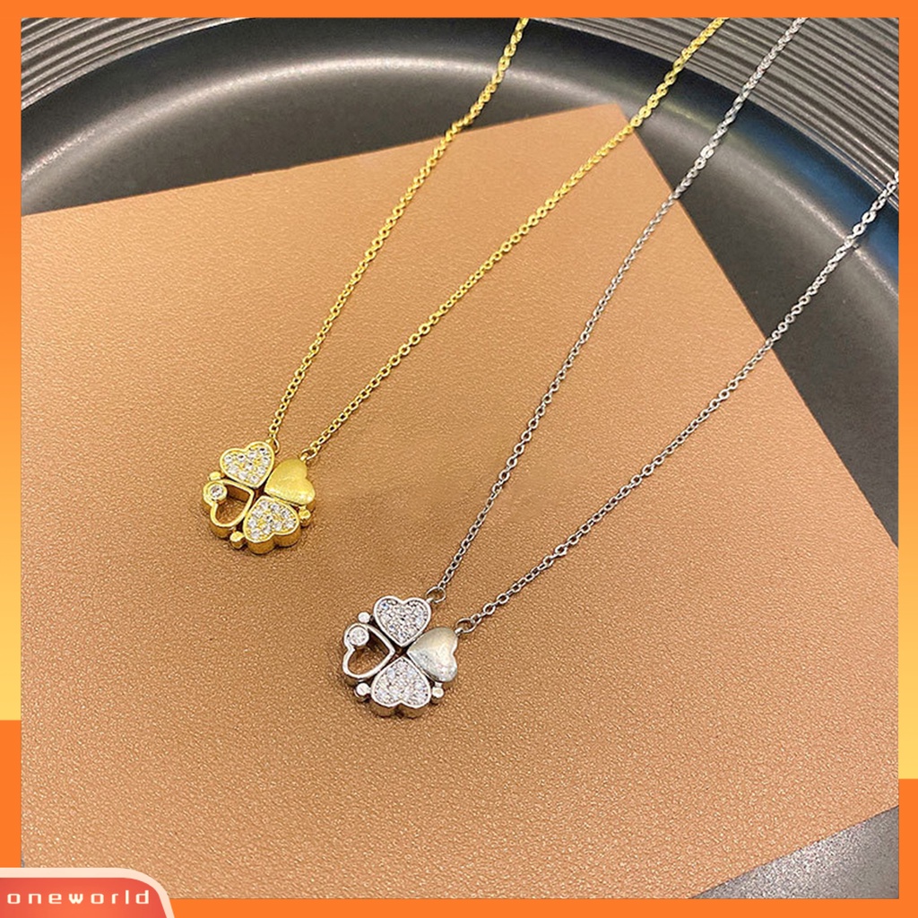 [EONE] Wanita Kalung ic Cinta Hati Mewah Baja Titanium Berlian Imitasi Tertanam Empat Daun Semanggi Liontin Kalung Fashion Perhiasan
