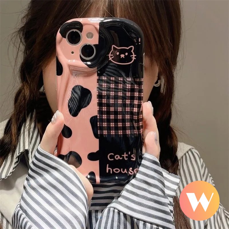 IPHONE Cover Kotak-Kotak Leopard Kucing Kartun Lucu Kompatibel Untuk Iphone13 11 14 12 Pro Max 8Plus 6 7 6s 8Plus Se2020 XR X XS Max 7Plus 3D Tepi Melengkung Bergelombang Glossy Lembut Shockproof Case