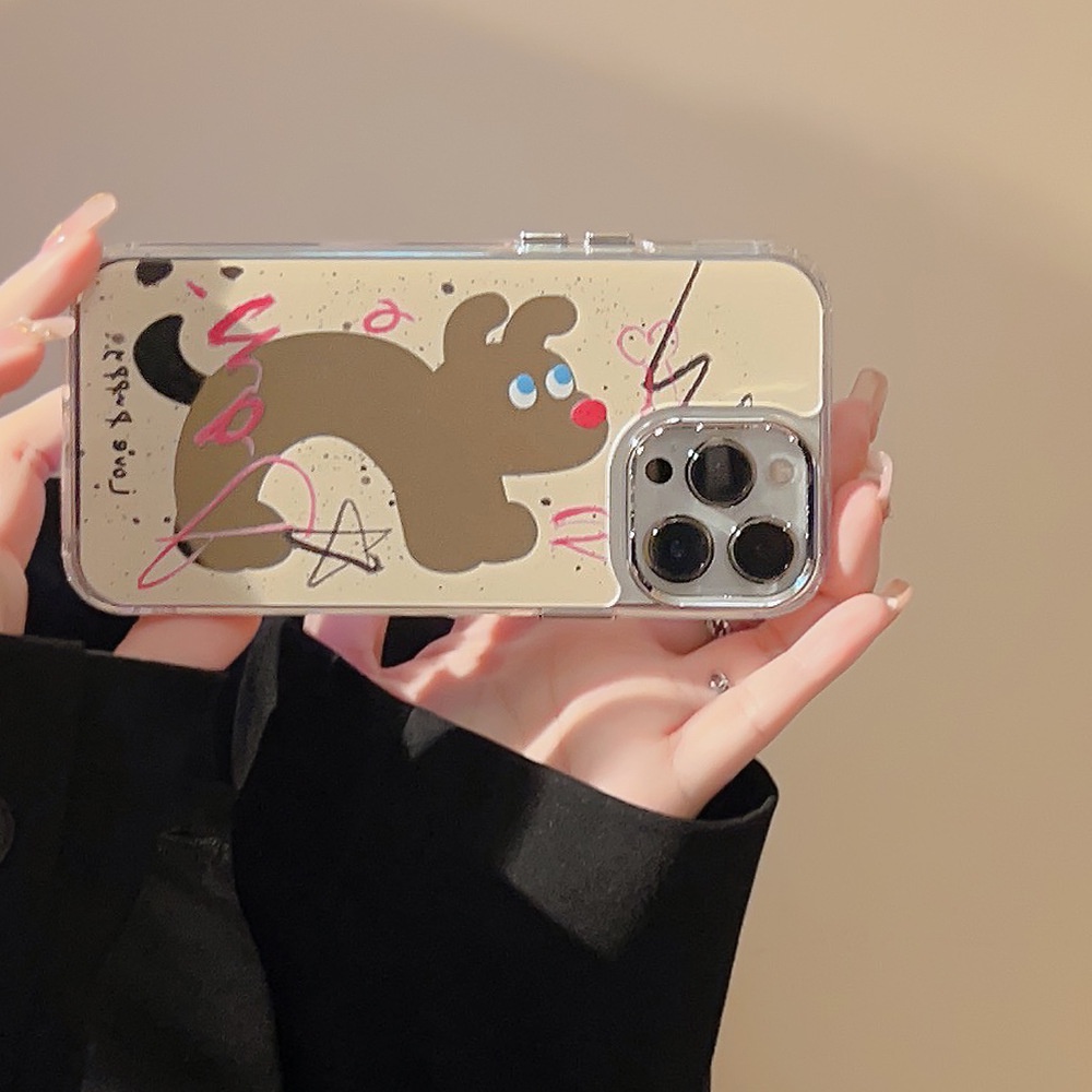 IPHONE Splash-ink Puppy Dog Mirror Phone Case Electroplated Bingkai Kamera Makeup Covers Untuk Iphone11 12 13 14 PLUS PRO MAX