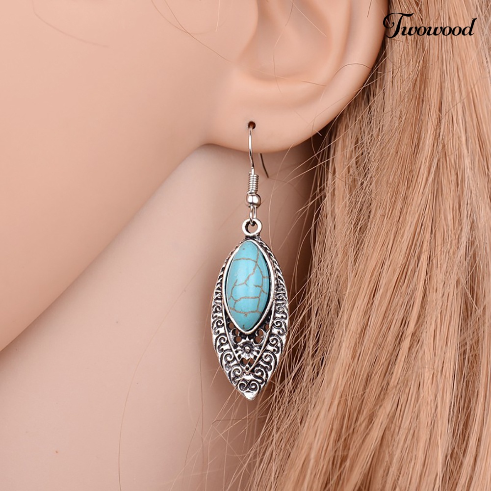 Twowood Bohemian Hias Artificial Turquoise Kerawang Ukir Drop Menjuntai Kait Anting