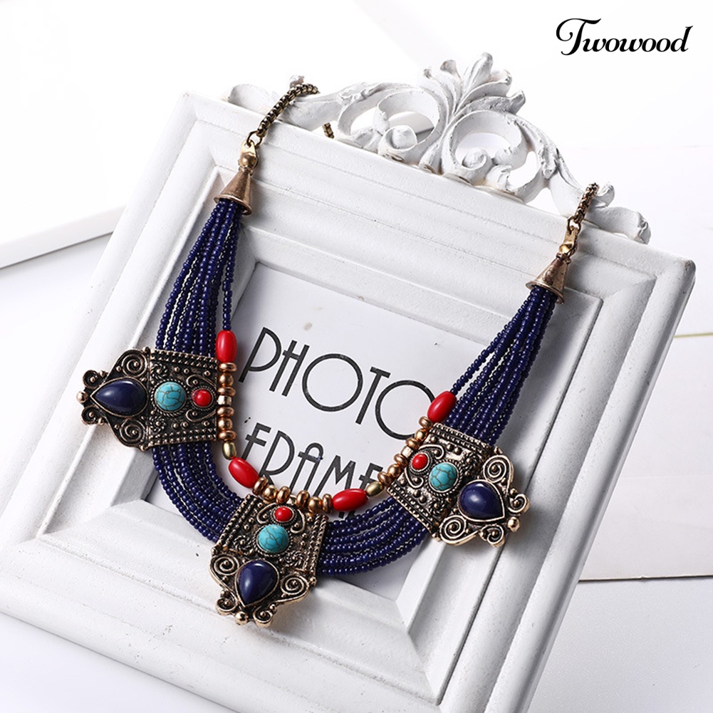 Twowood Boho Wanita Multilayer Beads Rhinestones Hias Statement Chain Bib Kalung