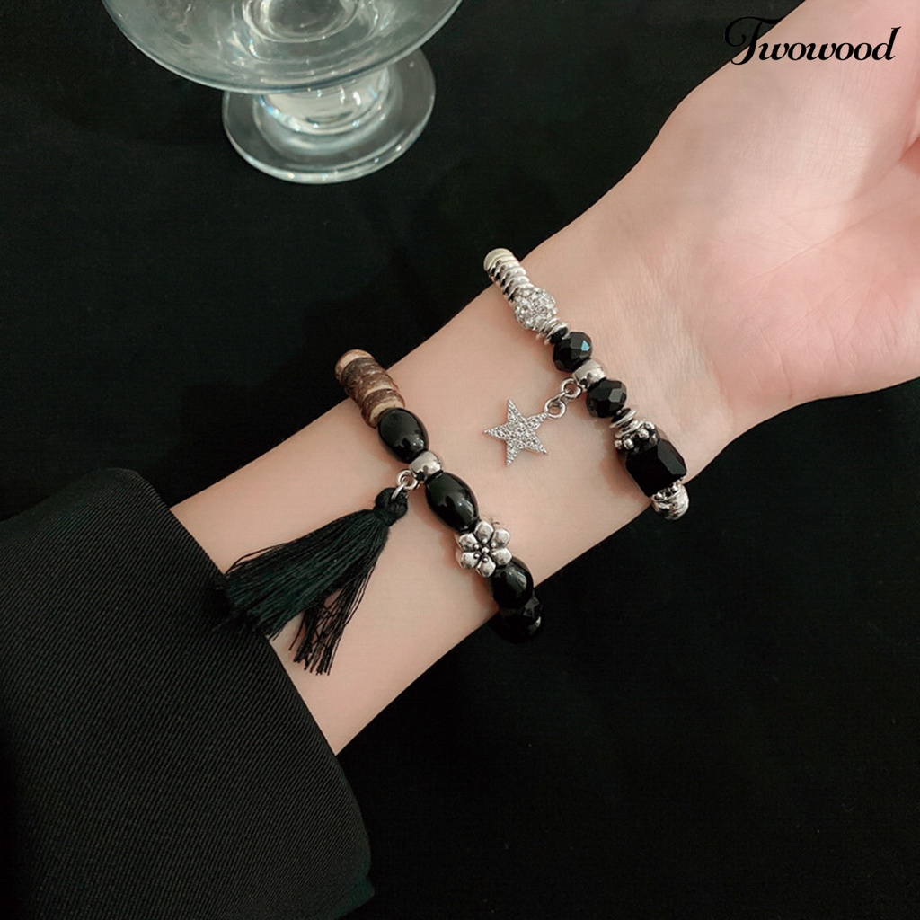 Twowood 2Pcs/Set Couple Gelang Gaya Etnik Manik-Manik Elastis Berlian Imitasi Bintang Liontin Hadiah Elegan Adjustable Kristal Imitasi Jumbai Pria Gelang Fashion Perhiasan