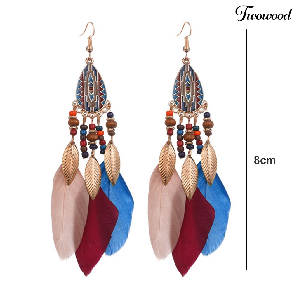 Twowood 1pasang Anting Kait Gaya Etnik Tetesan Air Liontin Manik-Manik Kepribadian Eye-catching Dekorasi Hypoallergenic Buatan Bulu Vintage Menjuntai Anting-Anting Perhiasan Aksesori