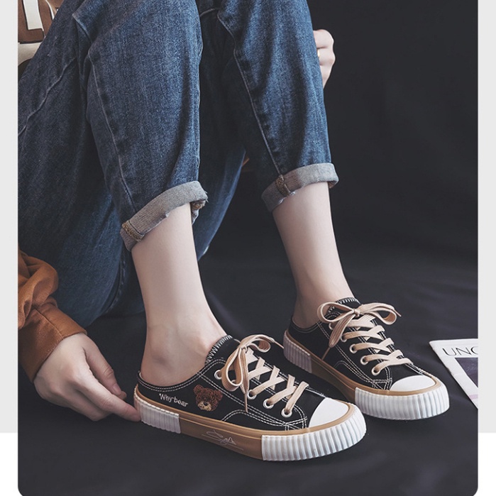 ❀ Chingu ❀ SEP030 (Tanpa Kotak) Sepatu Sneakers Wanita Setengah Why Bear Kanvas Putih Sporty Model Korea Fashion Casual Sport Olahraga Import COD