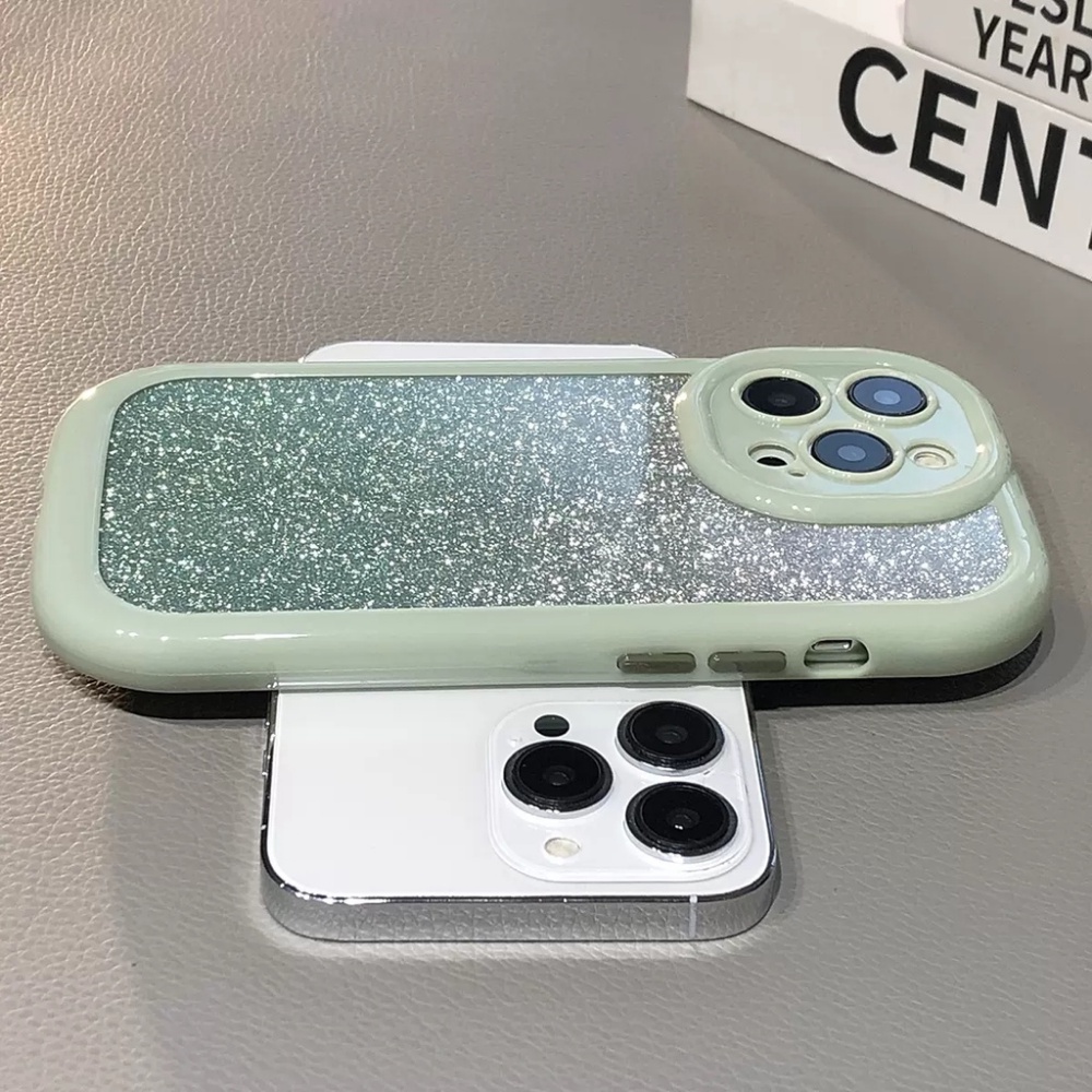 Casing Ponsel Bingkai Oval Glitter Hijau Mint Lucu Untuk iPhone 14 Pro 13 12 11 Pro Max Warna Permen Shockproof Bumper Penutup Belakang