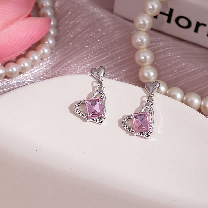 Ahellogirl Anting Jarum Silver Anting Tusuk Motif Rumbai Hati Kelinci Lumba Pink Berlian Untuk Wanita Perempuan