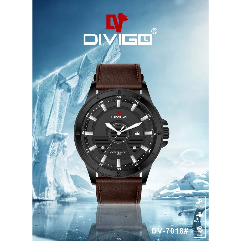 COD Jam tangan Pria Divigo DV-7018 Kulit Original Water Resist Tanggal Aktif