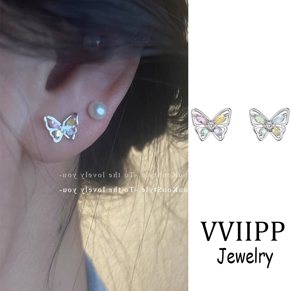 Anting Tusuk Butterfly Elegan Pink Biru Zircon Hollow Silver Earring Untuk Aksesoris Perhiasan Wanita