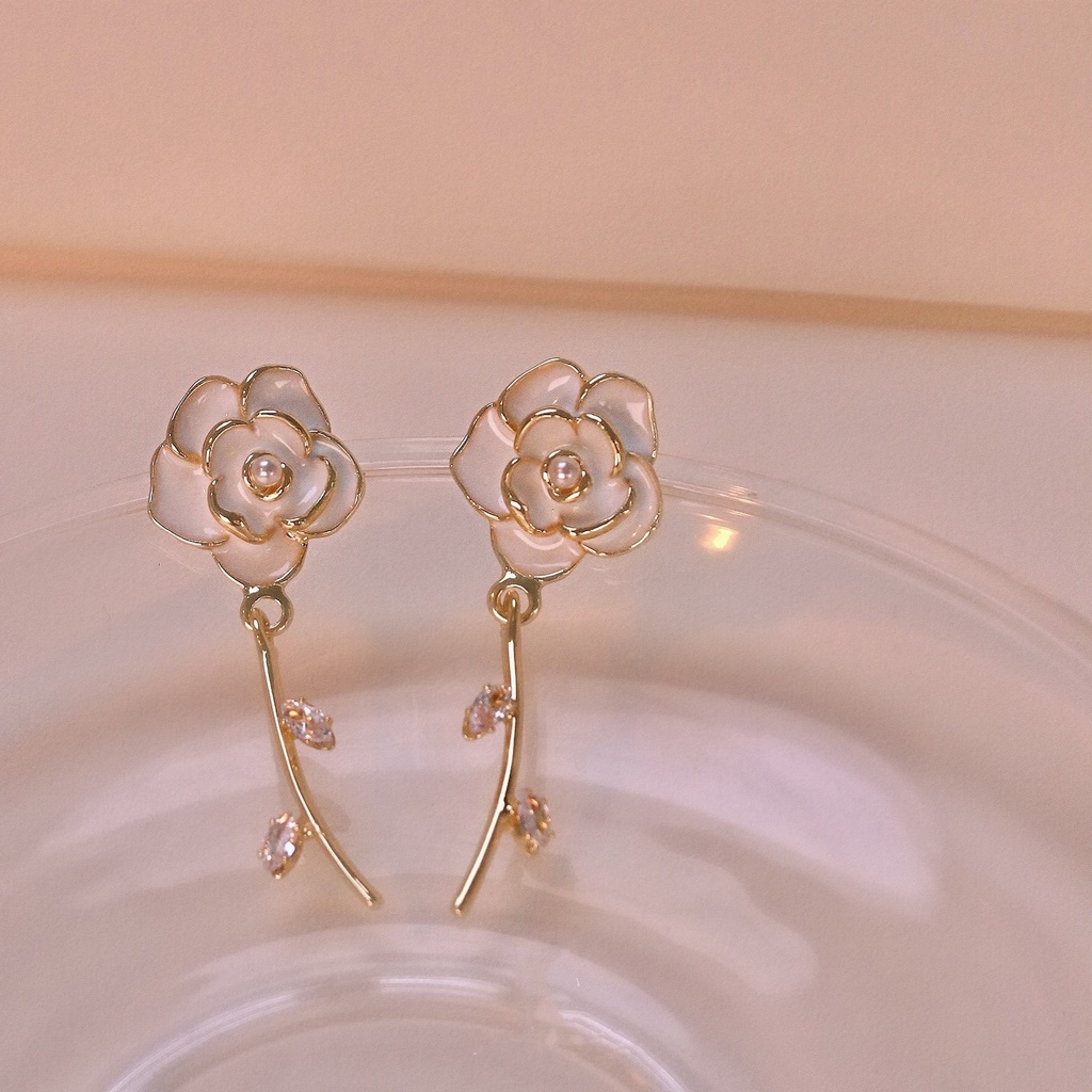 Anting Temperamen Canggih S925 Perak Jarum Putih Anting Kamelia Gunung