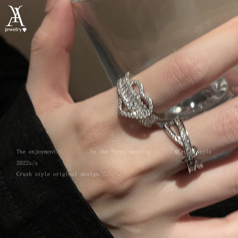 Ay (CN) Cincin Perak Kupu-Kupu Hati Fashion Kristal Single Double Layer Rings Untuk Aksesoris Perhiasan Wanita