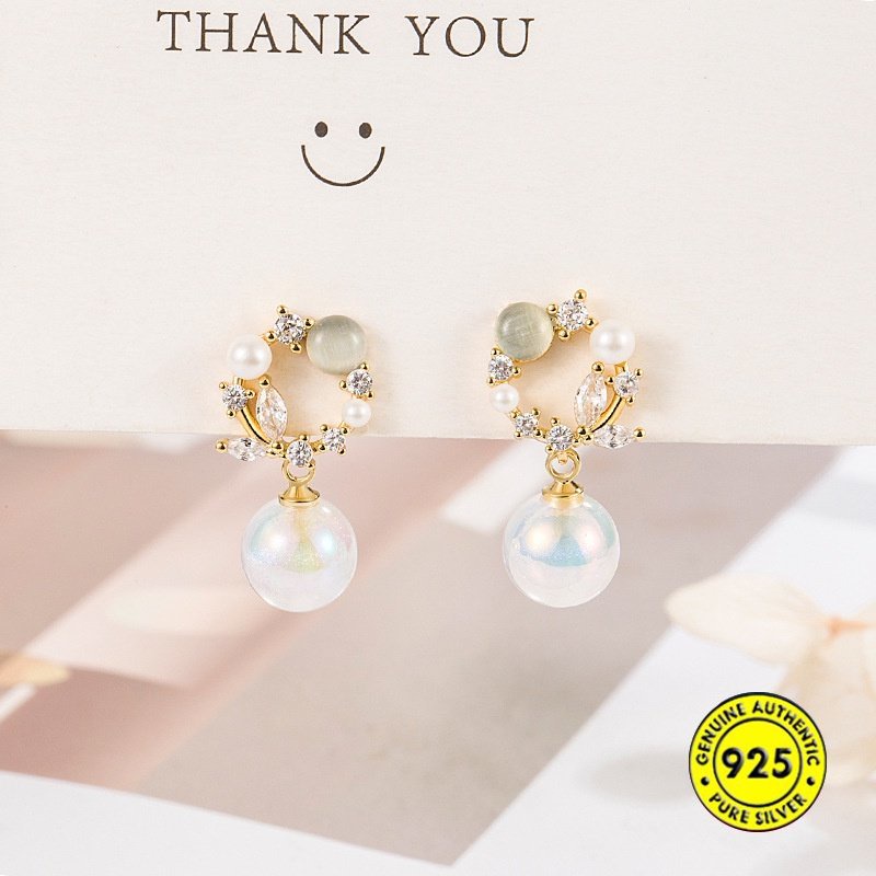 Anting Mutiara Shell Pita Hias Warna Emas 18K Zirkon Garland U1804