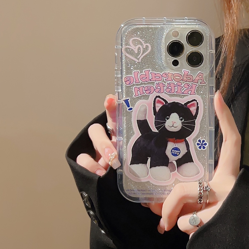 IPHONE Ins Lucu Kucing Kartun Silikon Case Dengan Glitter CardsFor Iphone14 11 12 13 PRO MAX Casing Cover Pelindung AT0284