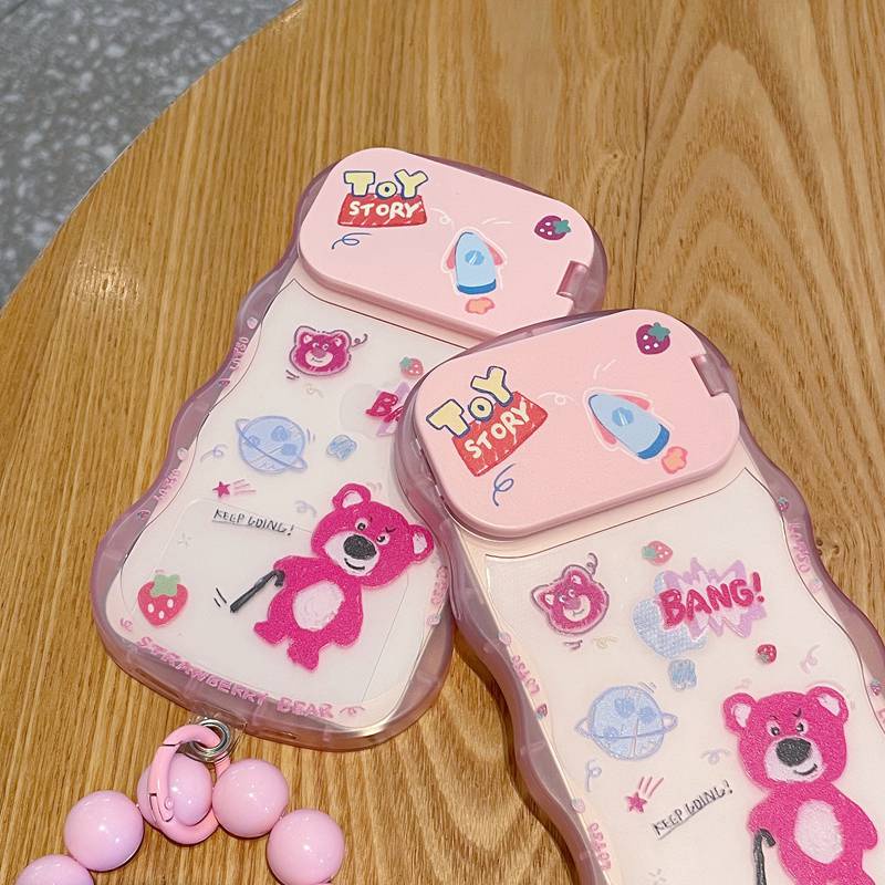 Strawberry Bear Toy Mirror Bracelet Soft TPU Case HP iP iPhone 14 + Plus 11 12 13 Pro Max X XS XR Max Girl Woman FTD Casing Apple