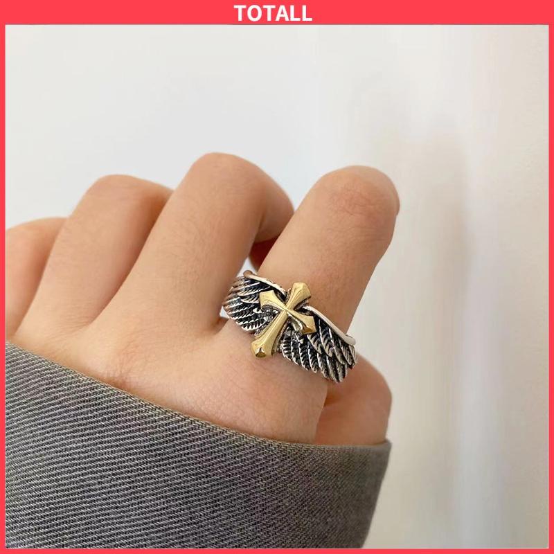 COD Cincin Pria Vintage Wings Cross Grafiti Surat Terbuka Cincin Pribadi-Totall