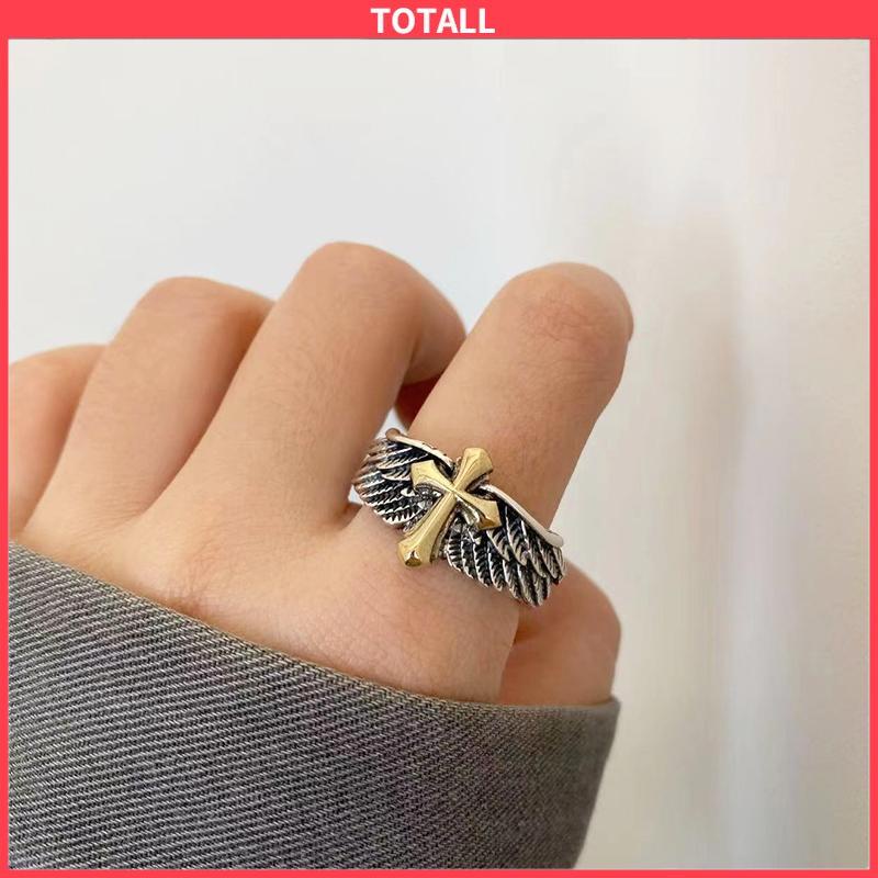 COD Cincin Pria Vintage Wings Cross Grafiti Surat Terbuka Cincin Pribadi-Totall