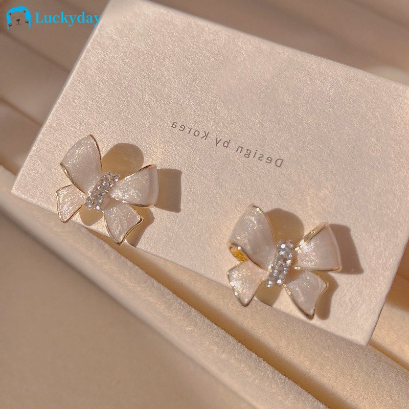 Yeezii Sweet Bow Stud Earrings Untuk Wanita Kristal Tetes Minyak Earrings Aksesoris Perhiasan