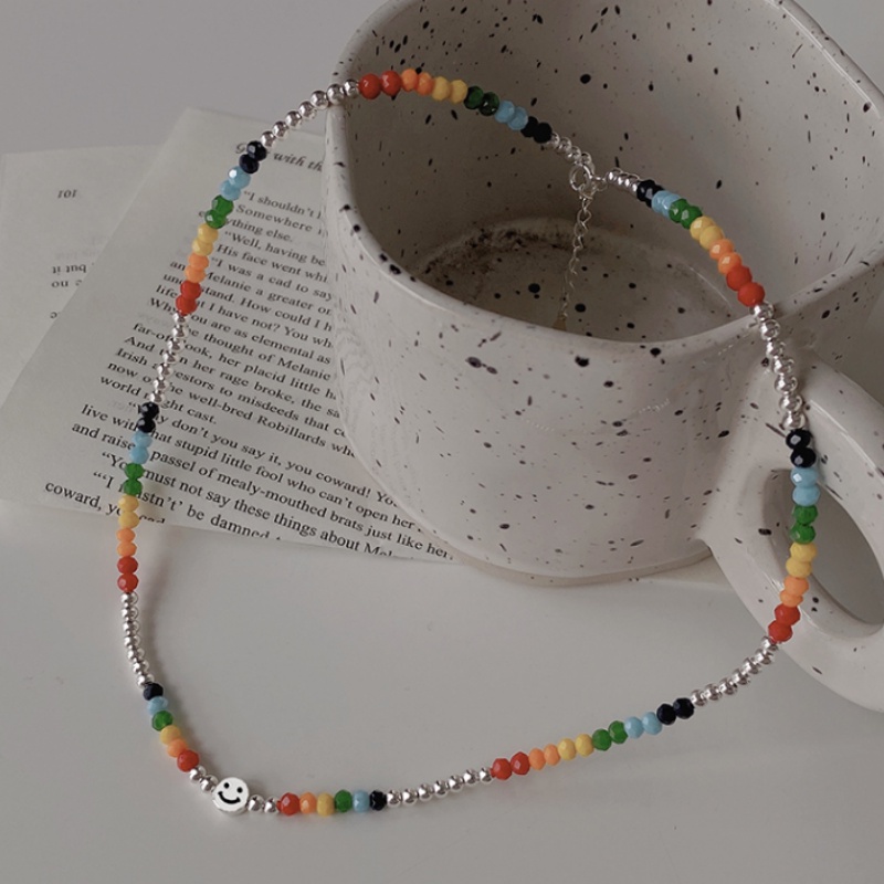 Kami Bunga Korea Lucu Rainbow Beads Smile Face Choker Kalung Untuk Wanita Gadis Indah Warna-Warni Resin Manik-Manik Rantai Kalung Fashion Perhiasan Hadiah