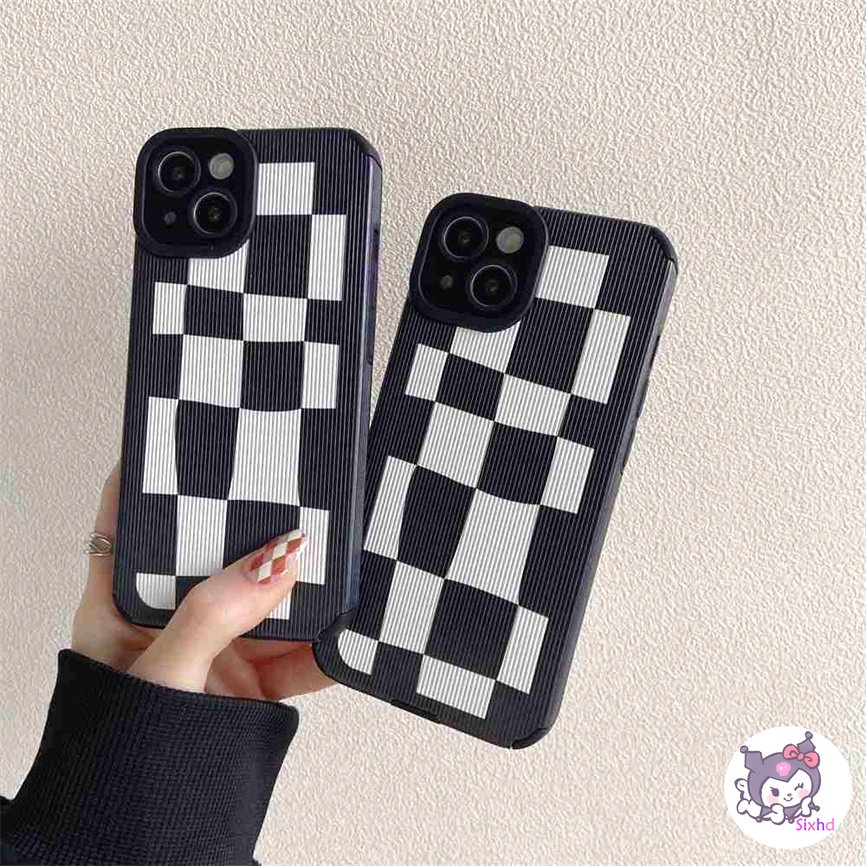 IPHONE Kompatibel Untuk Iphone14 13 12 11 Pro Max SE 2020 X Xr Xs Max8 7 Plus Kreatif Sederhana Hitam Putih Kotak-Kotak Perlindungan Tahan Guncangan Casing Ponsel Lembut Silicon Cover XJJJJ