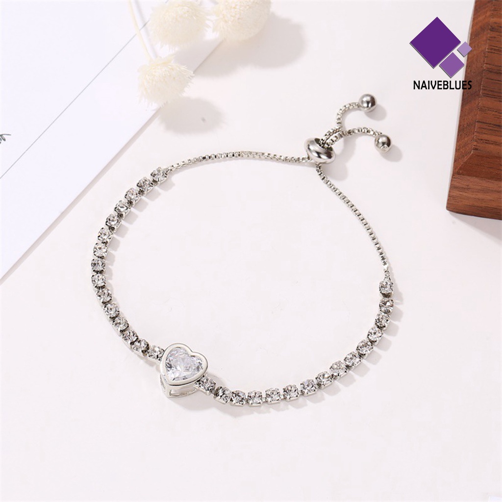 &lt; Naiveblues &gt; Gelang Tangan Wanita Hati Cubic Zirconia Perhiasan Bersinar Gaya Korea Untuk Pesta