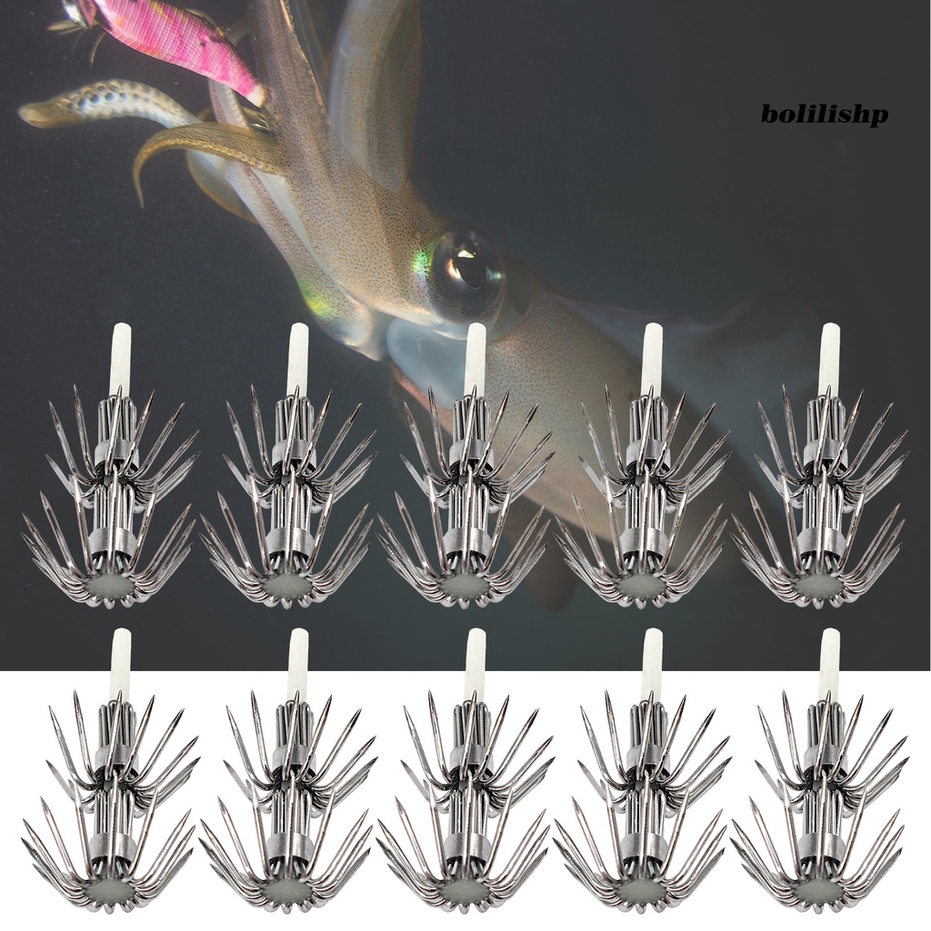 Bo-10pcs Squid Hook Luminous Double-layers Anti Karat Tahan Korosi Reusable Sharp Tip Universal Kekuatan Tinggi Stainless Steel Laut Memancing Payung Kait Perlengkapan Memancing