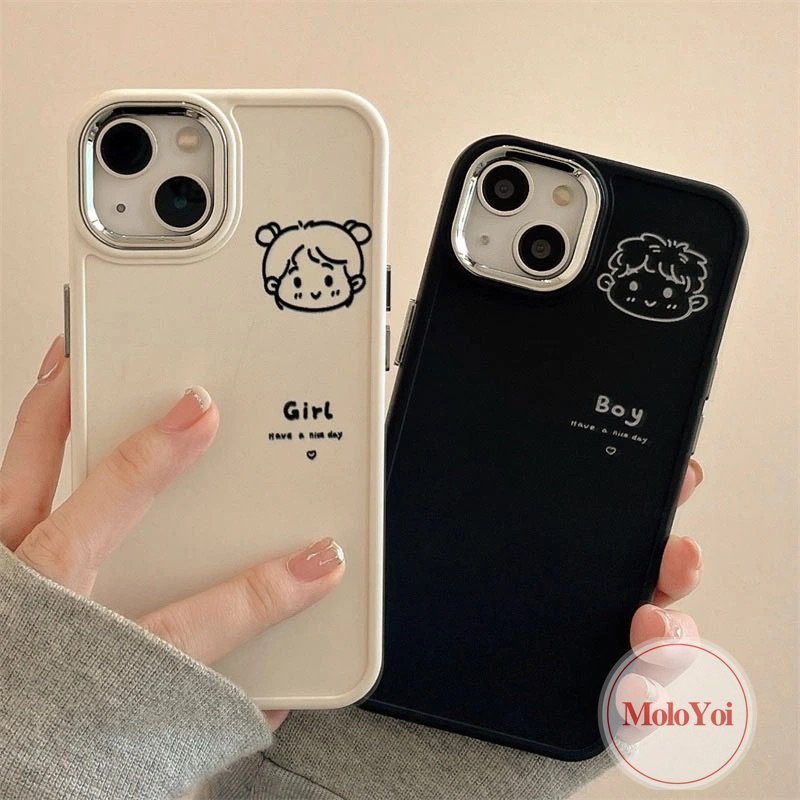 IPHONE Bingkai Lensa Logam Plating Mewah Kartun Lovers Case Kompatibel Untuk Iphone11 7 8 Plus 14 13 12 Pro MAX X XR XS MAX 7plus 8plus Pasangan Lucu Cowok Cewek Lembut Penutup Belakang