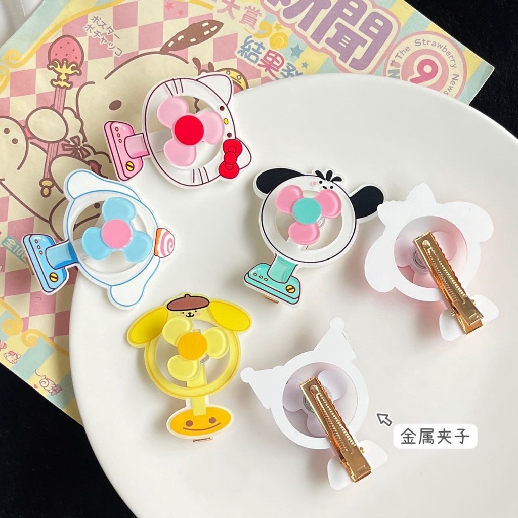 ღ Sanrio Fan Hairpin Cute Kuromi My Melody Cinnamoroll Creative Hair Decoration Accessories Funny Sweating Edge Clip Headwear Kids Girl Gift