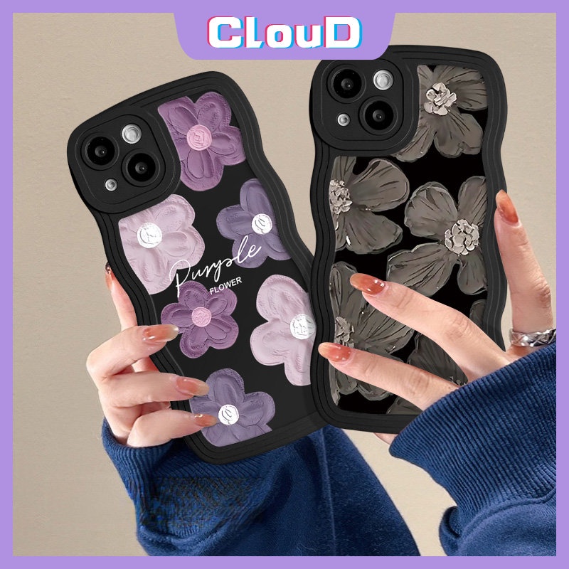 IPHONE Fashion Fresh Flower Case Kompatibel Untuk Iphone11 13 14 12 Pro Max XR X XS Max 8 6 14 6s 7 Plus SE 2020 Wavy Edge Tpu Soft Art Cat Minyak Hitam Ungu Floral Cover