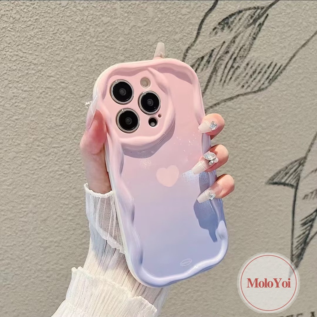 Casing Tepi Melengkung Gradasi Love Heart 3D Bergelombang Kompatibel Untuk iPhone 7Plus XR XS X Max11 13 12 14 Pro Max6 7 8 6s Plus SE 2020 Simple Macaron Warna Permen Tpu Soft Cover