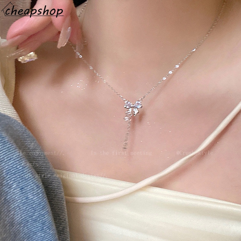 Ifyou Bow Star Silver Tassel Kalung Manis Kristal Busur Liontin Rantai Choker Untuk Aksesoris Perhiasan Wanita