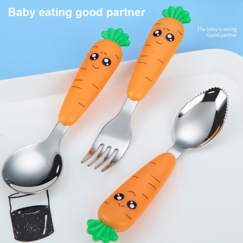 Kartun Wortel Bayi Makan Makanan Pelengkap Buah Sendok Lumpur Anak Lobak Peralatan Makan Stainless Steel Garpu Buah Perlengkapan Dapur