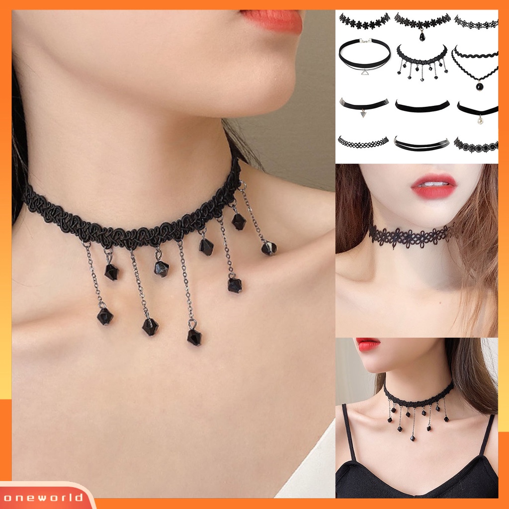 [ONE] 12 Pcs/set Mutiara Imitasi Menjuntai Pola Bunga Wanita Kalung Ringan Gothic Vintage Renda Kerah Kalung Perhiasan Aksesori