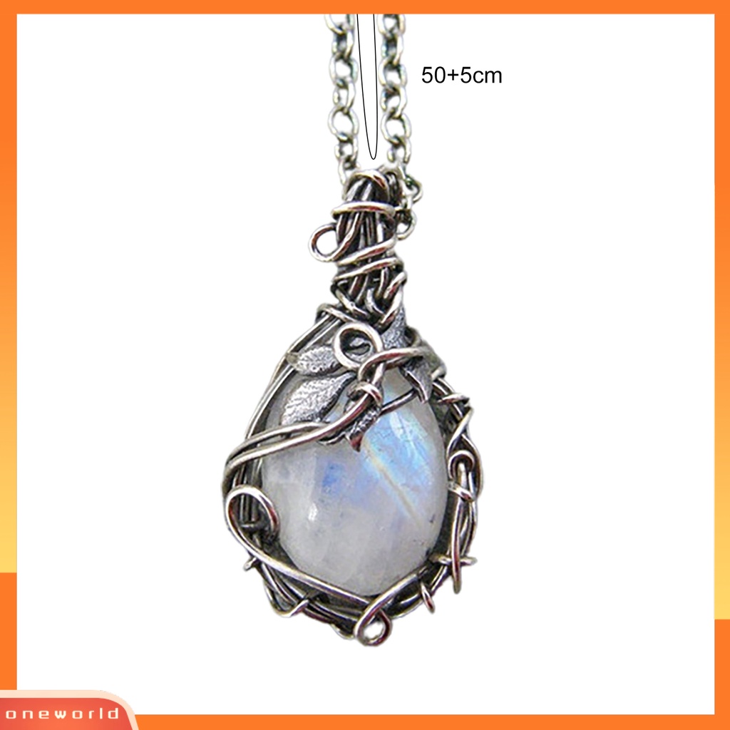 [ONE] Rantai Ekstensi Dapat Disesuaikan Wanita Kalung Ringan Retro Faux Moonstone Leaf Pendant Necklace Perhiasan Aksesoris