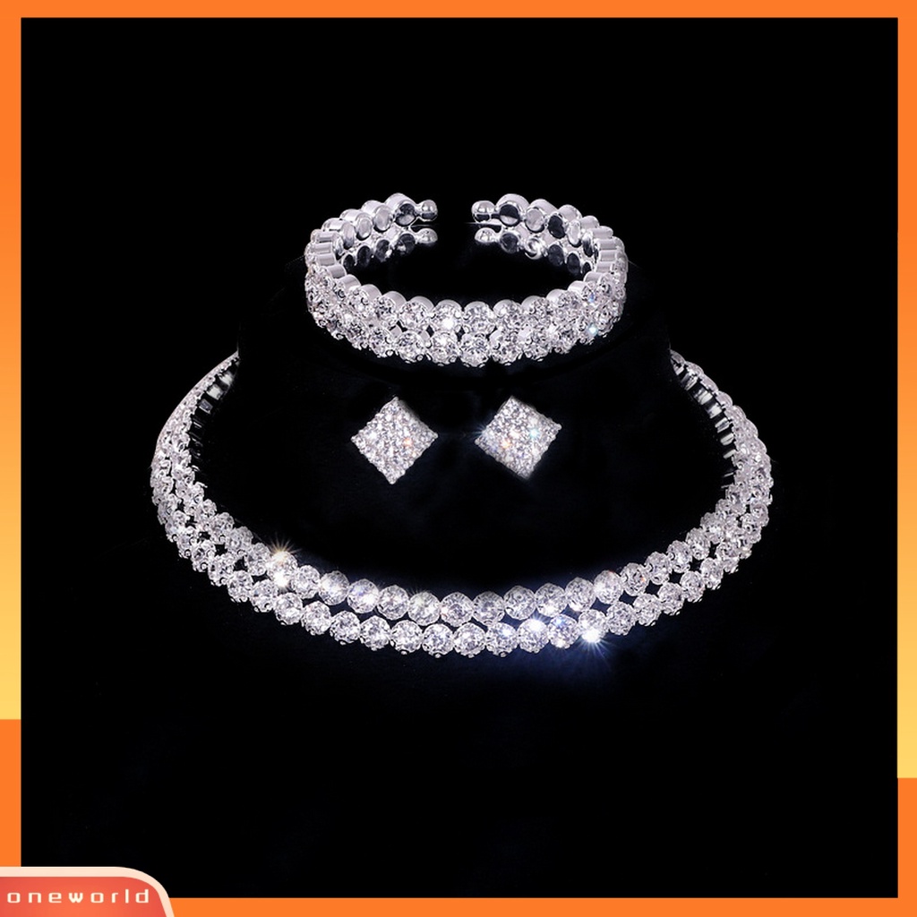 [ONE] 1set Set Perhiasan Berlian Imitasi Elegan Untuk Wanita Alloy Kristal Imitasi Choker Kalung Anting Gelang Ideal Untuk Pesta Pernikahan Pengantin