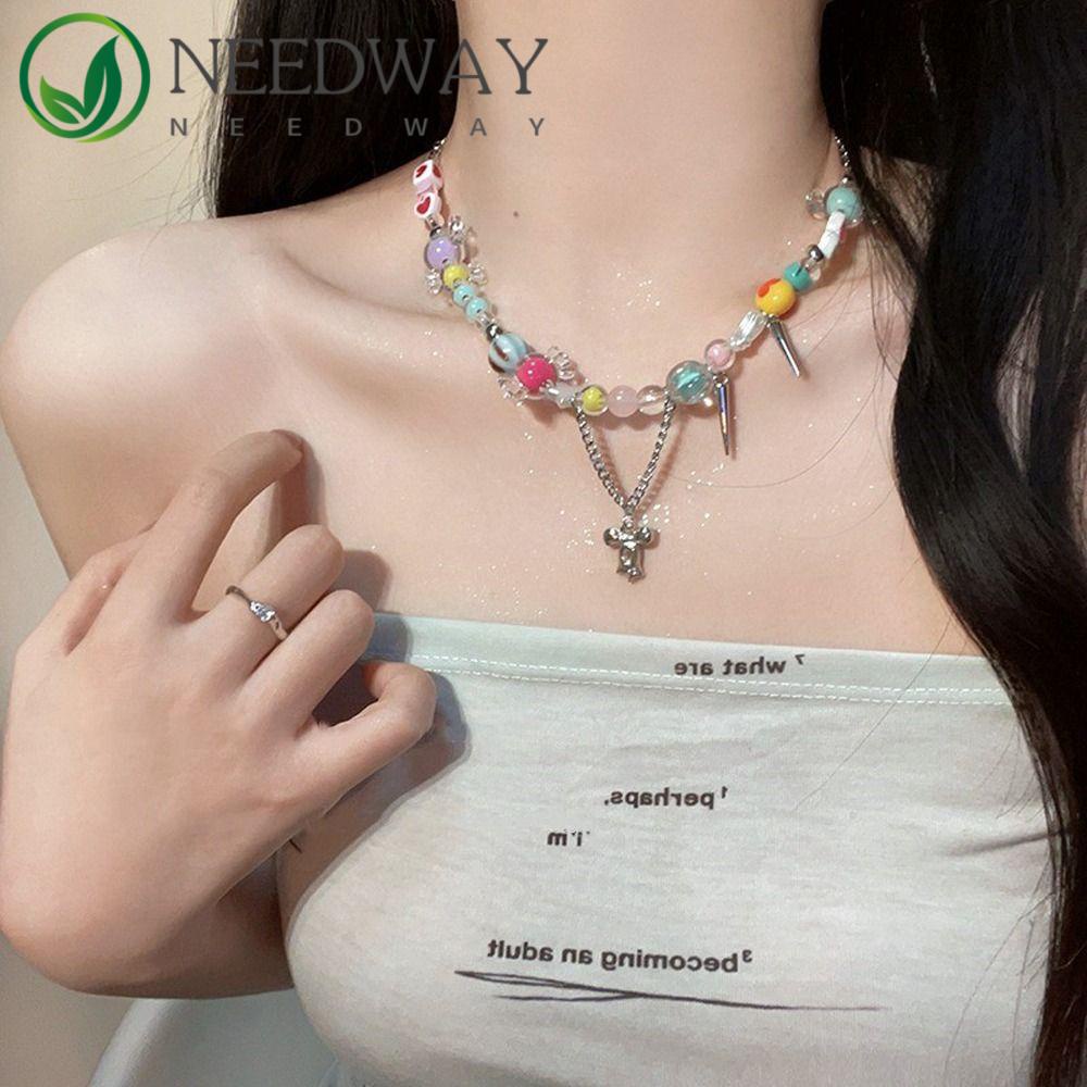 Needway   Wanita Warna-Warni Kalung Trendi Halus Hati Bunga Gadis Hadiah Permen Busur Gadis Manik-Manik Gelang