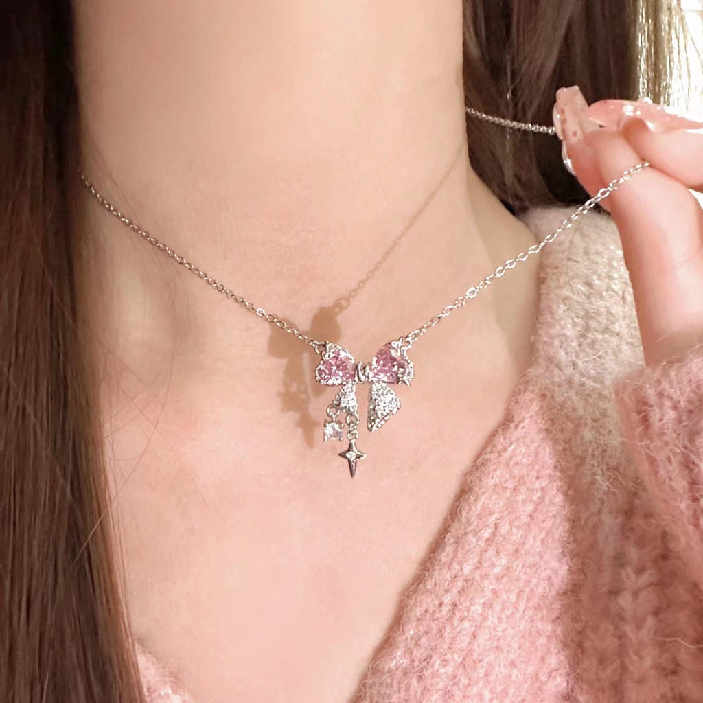 Fashion Kalung Rantai Zircon Perak Ikatan Simpul Permata Pink Permata Elegan Untuk Aksesoris Perhiasan Wanita