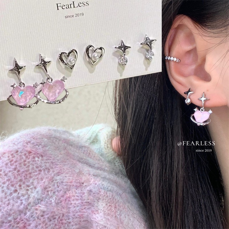 6pc/set Anting Tetes Hati Merah Muda Mutiara Zirkon Perak Stud Earring Untuk Wanita Fashion Perhiasan Aksesoris