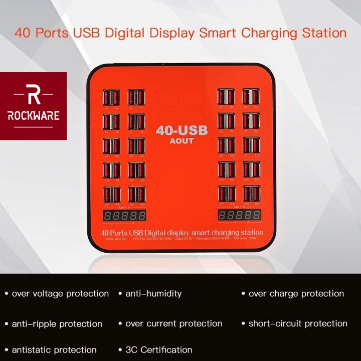 AKN88 - ROCKWARE WLX-840 - USB Wall Smart Charging Station 40 Port 200W 30A