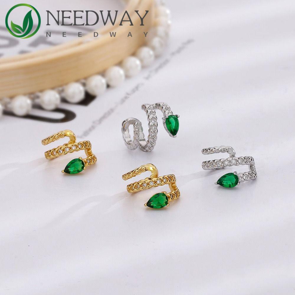 Needway   Ular Telinga Tulang Klip Kepribadian Punk Emerald Earrings Warna Solid Alloy Lady Korea Manset Telinga