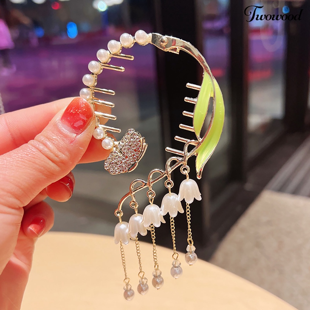 Twowood Ponytail Hair Clip Green Leaf Flower Jumbai Mutiara Imitasi Elegan Gaya Cina Aksesoris Rambut Berlian Imitasi Bertatahkan Wanita Hair Bun Claw Clip Pakaian Sehari-Hari