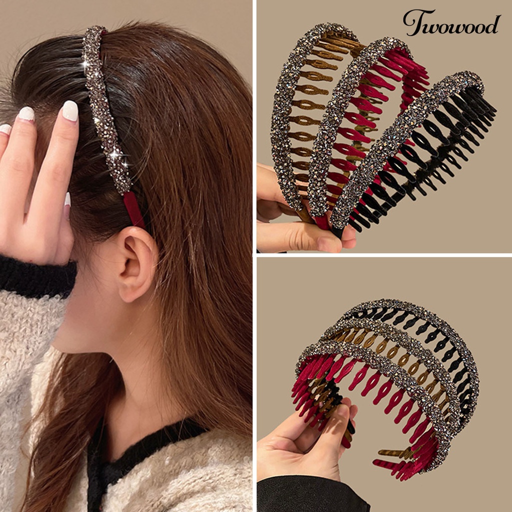 Twowood Lady Wavy Headband Non-slip Berlian Imitasi Mengkilap Bergigi Narrow Band Rambut Bezel Cuci Muka Lady Hair Hoop Aksesoris Rambut