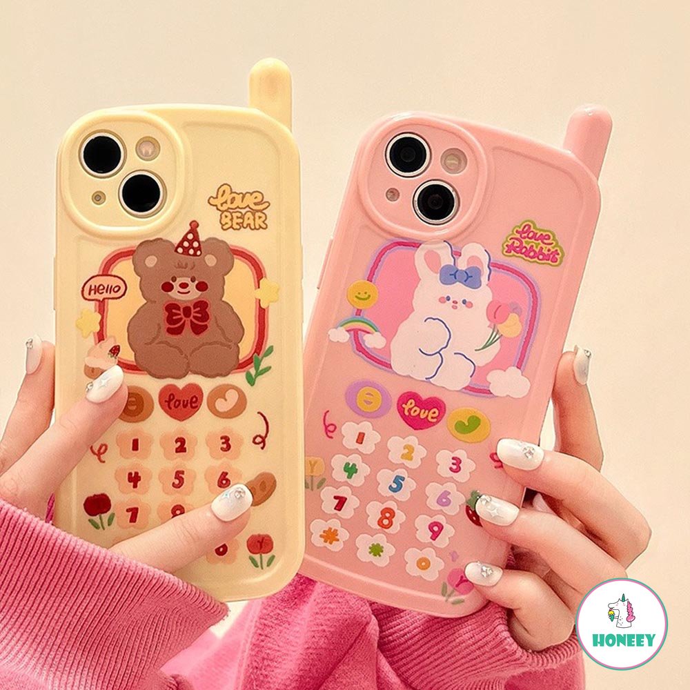 Retro Kreatif Telepon Beruang Lucu Bunny Case Untuk iPhone 14 Pro 12 11 13 14 Pro Max XS XR 3D Telepon Anime Graffiti Pink Cover