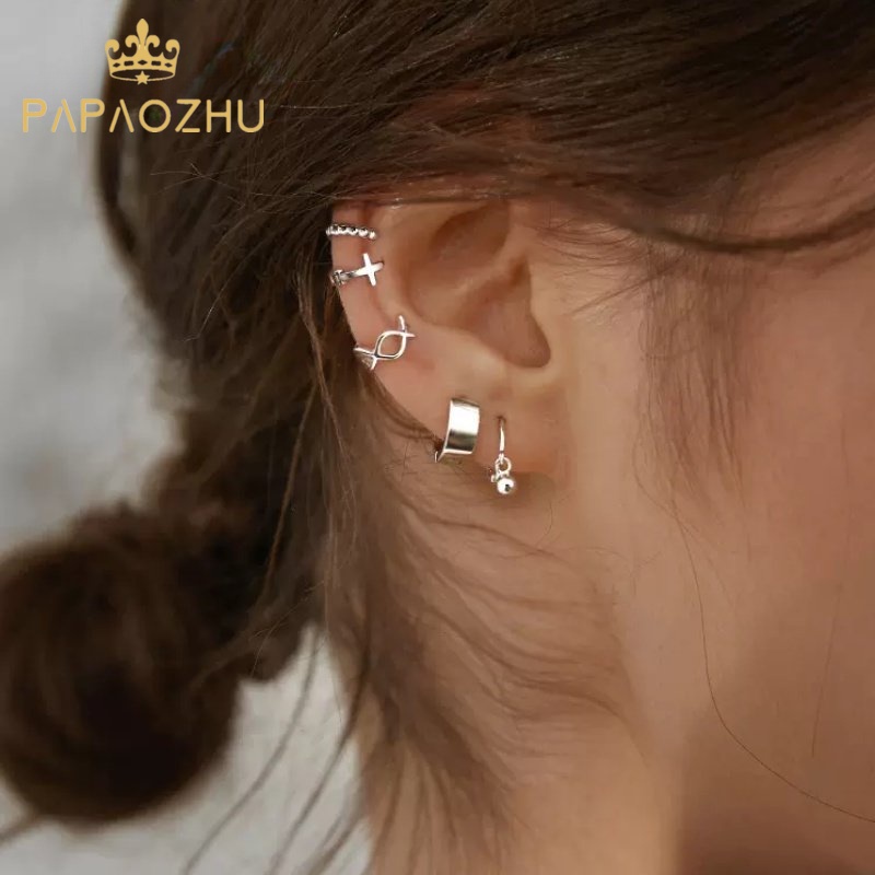 Papaozhu 1PC Korea S925 Perak Geometris Tindik Hoop Anting Untuk Wanita Perempuan Minimalis Kecil Bulat Tulang Rawan Anting-Anting Fashion Telinga Perhiasan Hadiah