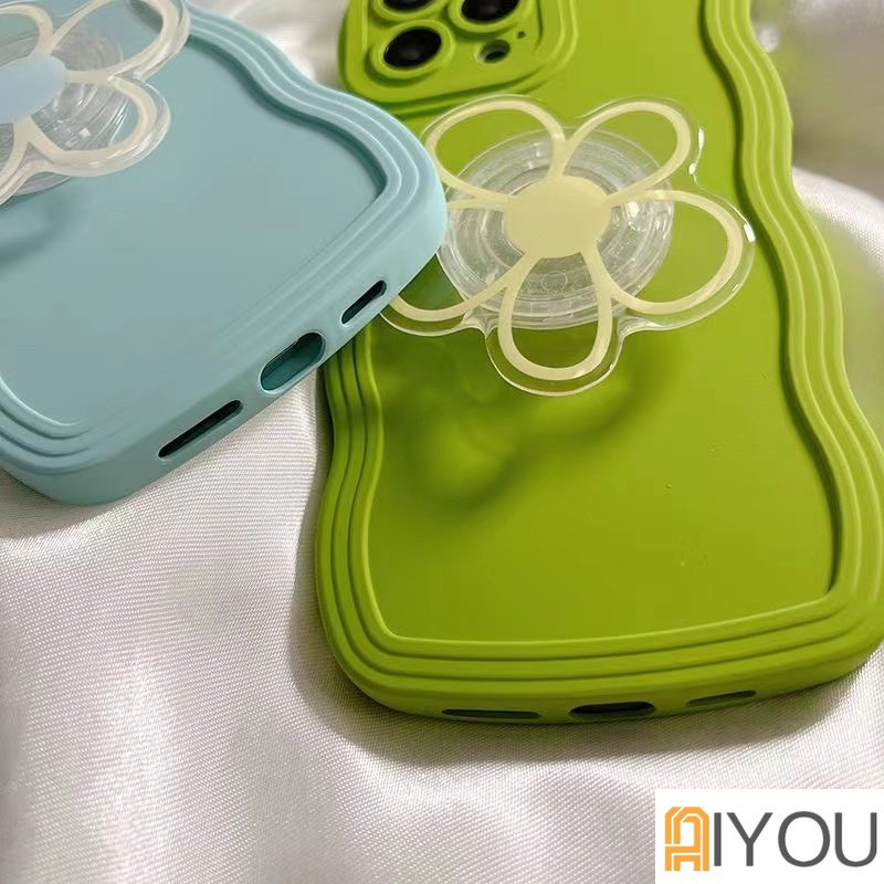 IPHONE Korean Cute Clear Flower Holder Stand Wave Matte Soft Case Untuk Iphone14 13 12 11 Pro Max Lovely Floral Grip Shockproof Cover