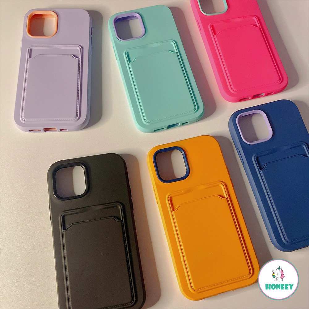 IPHONE Tas Kartu Warna Permen Casing Ponsel Untuk Iphone14 13 11 12 Pro Max XR XS X7 8 Plus Pelindung Lensa Shockproof Slot Kartu Back Cover