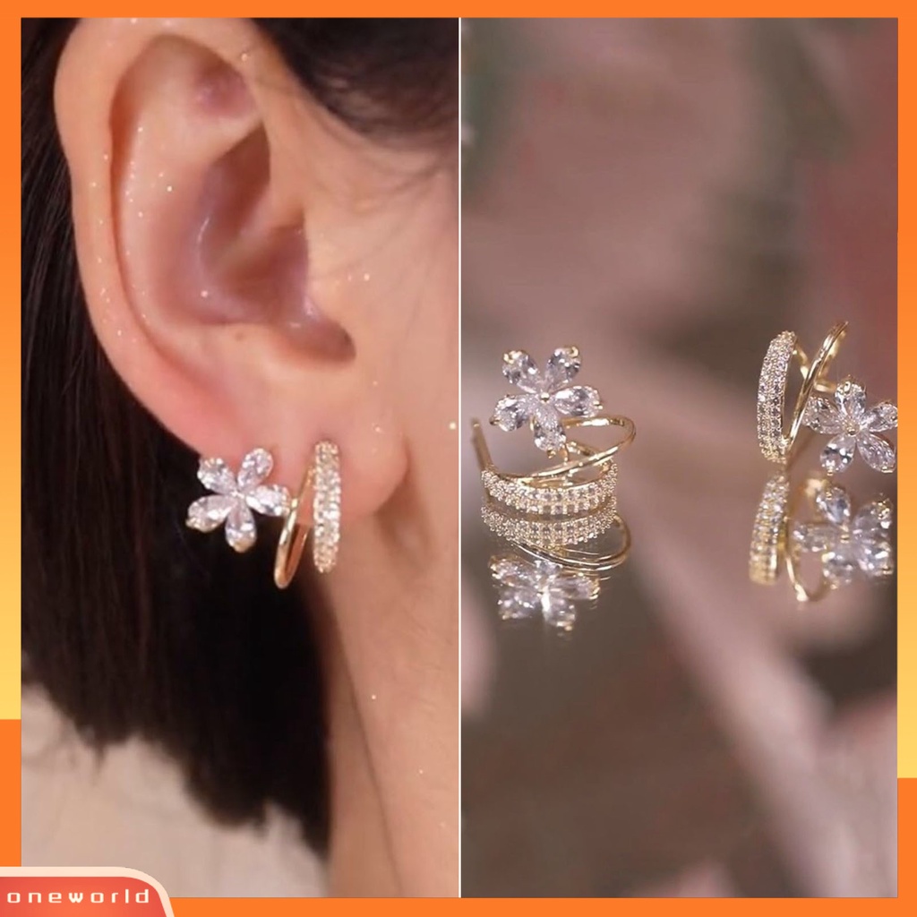 [WOD] 1pasang Ear Studs U Cincin Bunga Perhiasan Shiny Cubic Zirconia Stud Earrings Untuk Pesta Pernikahan Perjamuan Hadiah