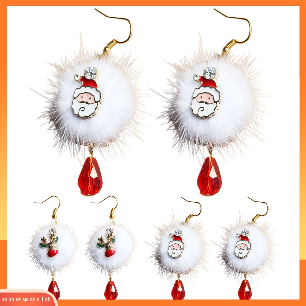 [WOD] 1pasang Putih Mewah Bola Merah Berlian Imitasi Xmas Anting Alloy Santa Claus Elk Pendant Hook Earrings Fashion Perhiasan