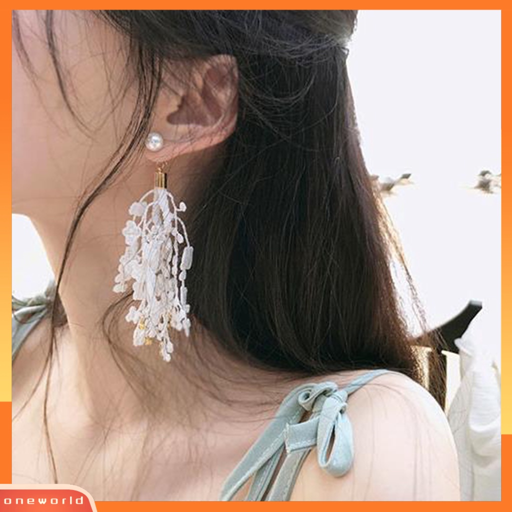 [WOD] B253 Drop Earrings Anti Alergi Hias Glittery Temperamen Wanita Rumbai Pita Mutiara Imitasi Anting Panjang Untuk Pacaran