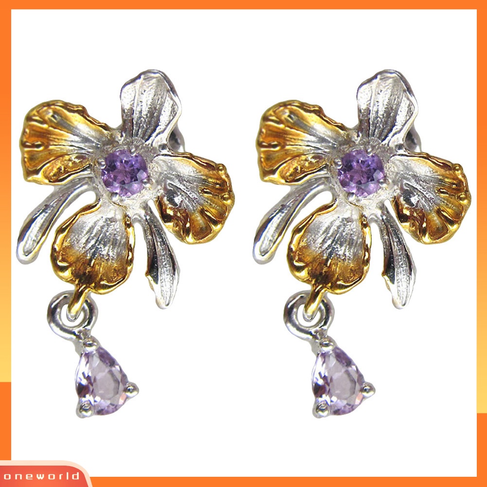 [WOD] Wanita Elegan Amethyst Imitasi Hias Bunga Anggrek Ear Stud Earrings Perhiasan Hadiah