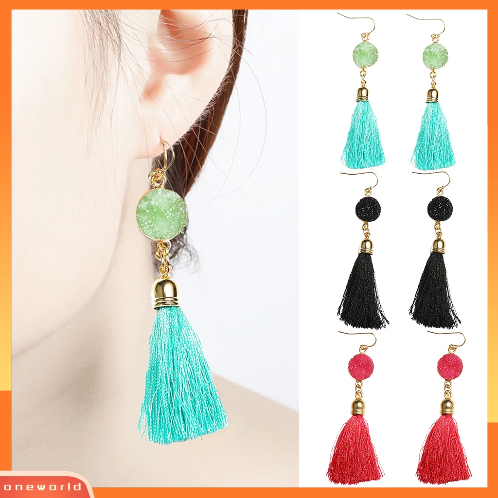 [WOD] 1pasang Anting Kait Bohemian Katun Ringan Garis Pinggiran Desain Menjuntai Earrings Aksesoris Telinga